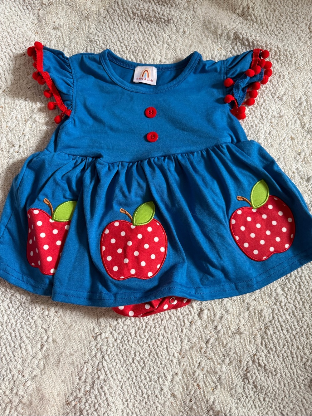 Bright Blue Baby Bubble with Red Apple Appliqués
